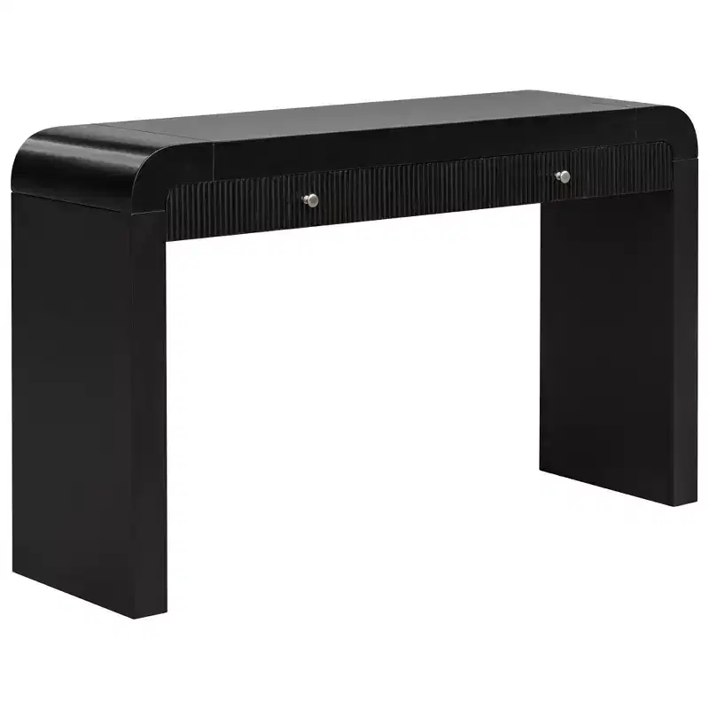 Rustic Console Table with Fluted Drawer Front, Curved Corners and Thick Legs for Hallway and Living Room, Black