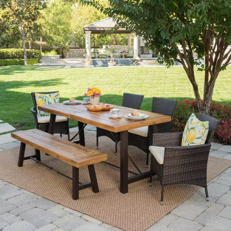 GDFStudio Latona Outdoor Acacia Wood and Wicker 6 Piece Dining Set with Bench,Teak/Cream