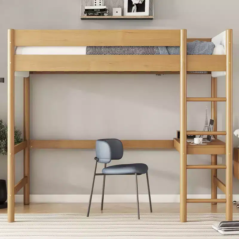 Twin Size Loft Bed with Built-in Desk, Boucle Upholstered Headboard/Footboard, Rubber Wood Bed Frame, Natural - ModernLuxe
