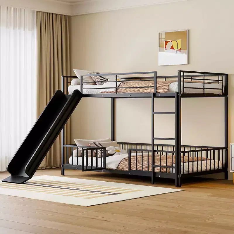 MAYEERTY Full Over Full Metal Bunk Bed, Slide Guardrails, Kids Bedroom, White