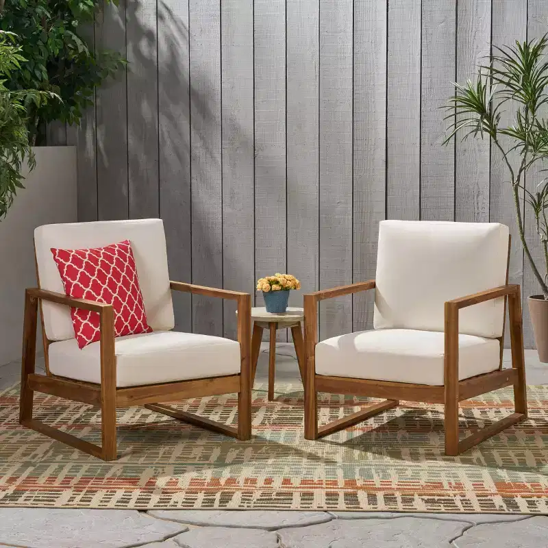 GDFStudio Silla Outdoor Acacia Wood Club Chairs with Cushions and Sled Leg (Set of 2)