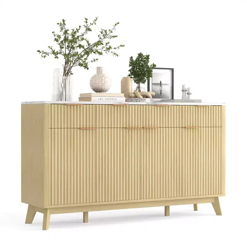 60 Large Sideboard Buffet Cabinet with Storage , Fluted Storage Cabinet with Drawers and Adjustable Shelves, Wooden Coffee Bar Console Table