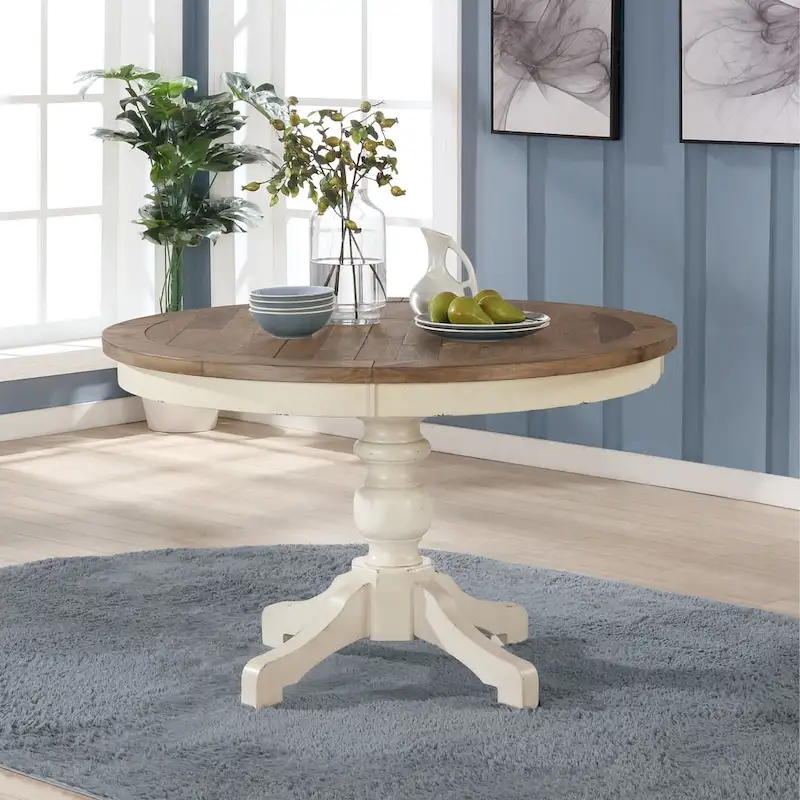 Round Farmhouse Dining Table in Antique White & Distressed Oak – Solid Pine