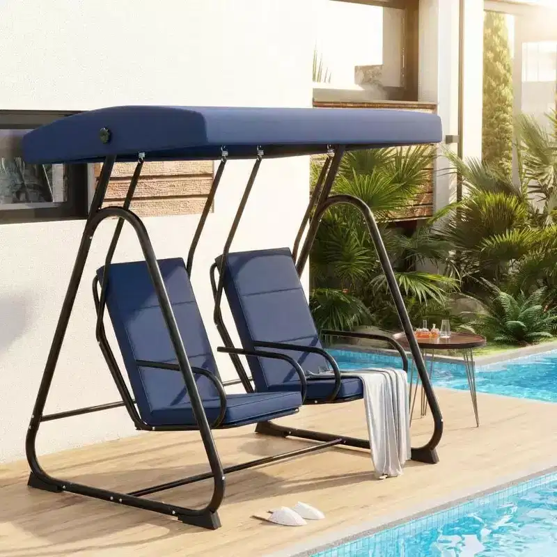 2-Person Outdoor Patio Swing with Independent Seats, Adjustable Canopy, Removable Cushions & Heavy Duty Steel Frame, Weather Resistant for Porch