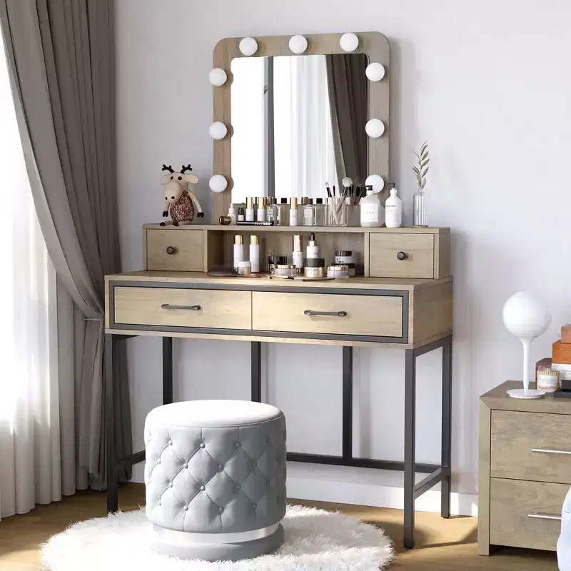 Heynemo Makeup Vanity Table with 3 Color Dimmable Lighted Hollywood Mirror, Makeup Vanity with 4 Drawers