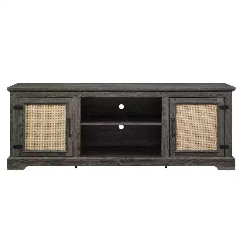 TV Stand Farmhouse, for Screens up to 70, Wood Entertainment Cabinet with 2 Open Shelves & 2 Rattan Doors, Console Table for Living Room
