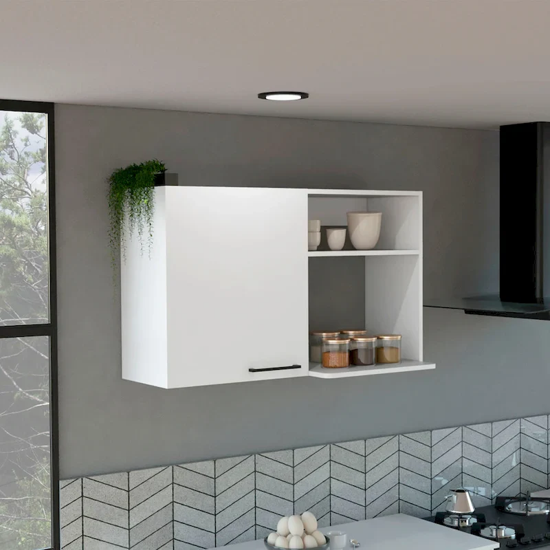 Wall Cabinet with 1 Door & Open Shelves, White or Black