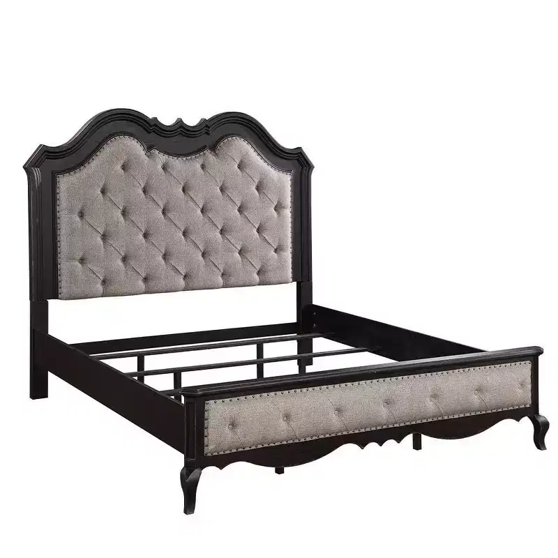 66.5" Queen Bed Chelmsford Bed Beige Fabric Antique Black Finish - Acme Furniture: Linen Upholstery, Wood Frame, Tufted Design