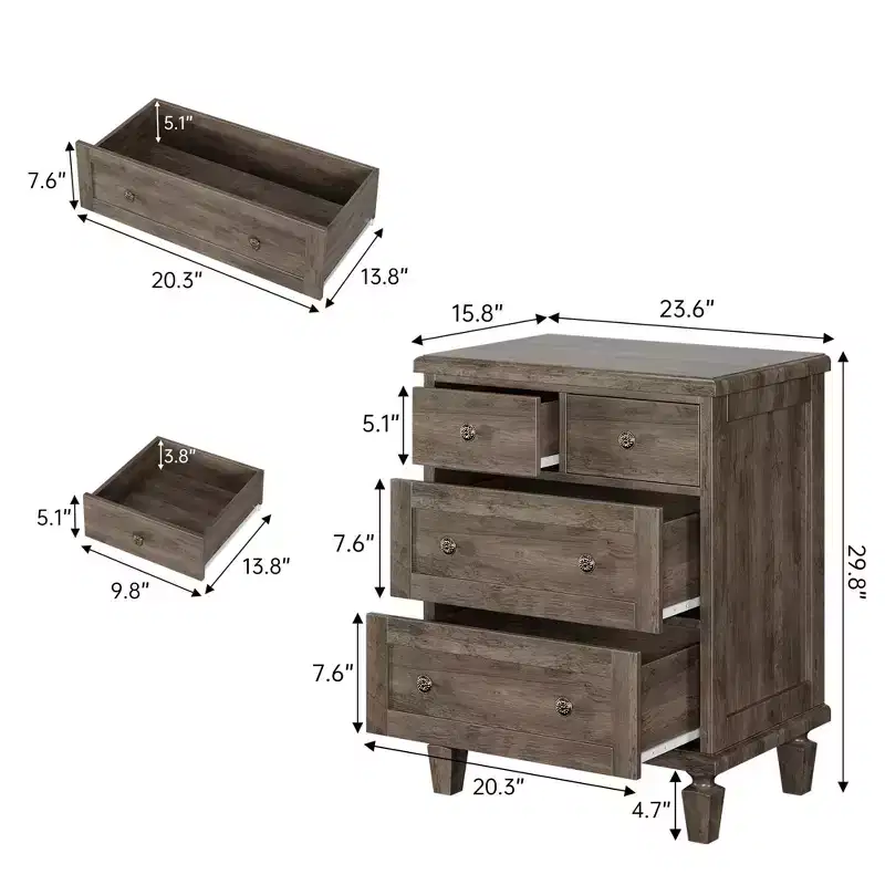 4-Drawer Vintage Dresser with Tapered Legs, Grey Wood Chest of Drawers for Bedroom, Living Room