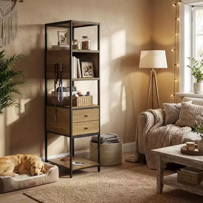 FurnitureR Storage Shelf with Drawers, Multi-Tier Bookshelf Organizer with Hooks & Pet Feeding Station,Storage Cabinet for Living Room,Closet,Entryway