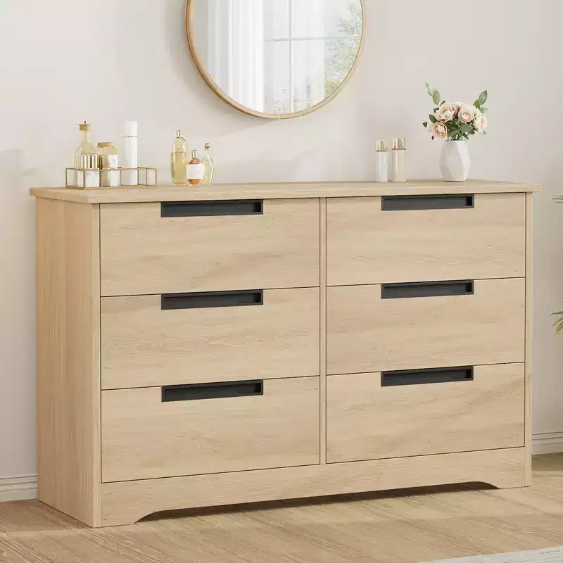 6 Drawer Dresser for Bedroom, Natural Double Dresser Organizer with Embedded Handles Design, Wooden Chest
