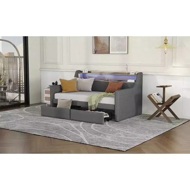 Bellemave Twin Size Daybed with Trundle and Drawers,Daybeds with Charging Station and LED Lights,Upholstered Day Beds for Kids,Teens and Adults,Gray