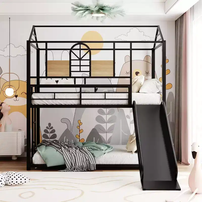 Whisen Twin Over Twin Bunk Bed & Housebed, Metal Bed Frame with Slide and Guard Rail