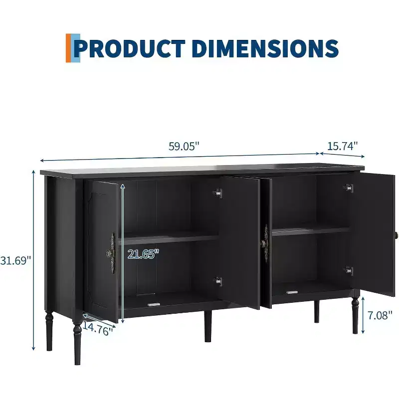 59 Buffet Sideboard Cabinet Vintage Coffee Bar Storage with Adjustable Shelves & 4 Doors for Dining Room, Kitchen & Living Room