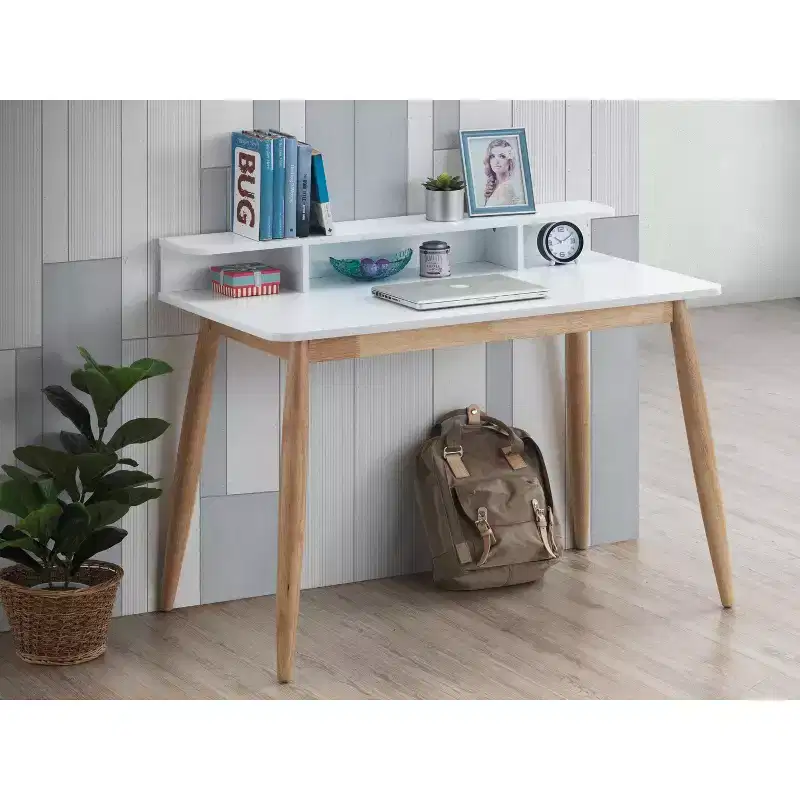 Mid-Century Modern White Writing Desk with Hutch & Tapered Legs