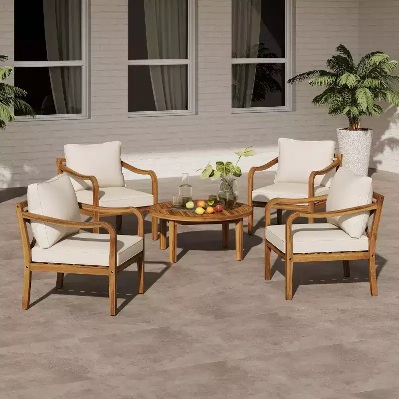 Christopher Knight Home Salma Modern 5 Piece Acacia Wood Patio Seating Set with Slatted Table and Cushion