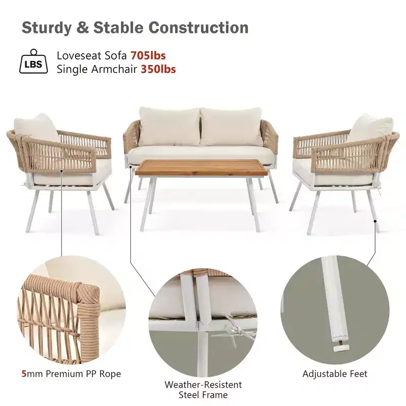 GDFStudio Shaun 4 Piece Boho Patio Conversation Set with Acacia Wood Coffee Table and Metal Seating