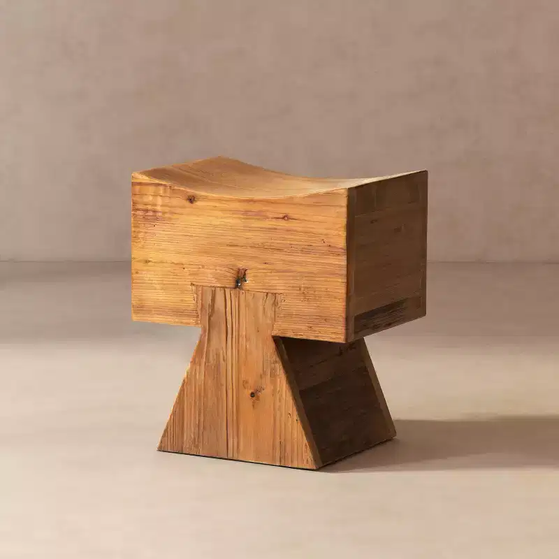 Reclaimed Pine Wood Stool Ottoman 18''H x 15.5''W x 12''D