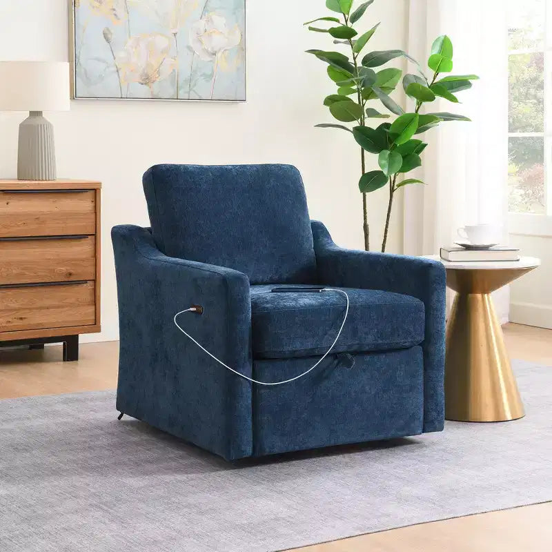Swivel Reclining Nursery Rockers for Living Room, Chenille Chair with Phone Holder, USB/Type-c Ports, Arm Storage, Light Brown