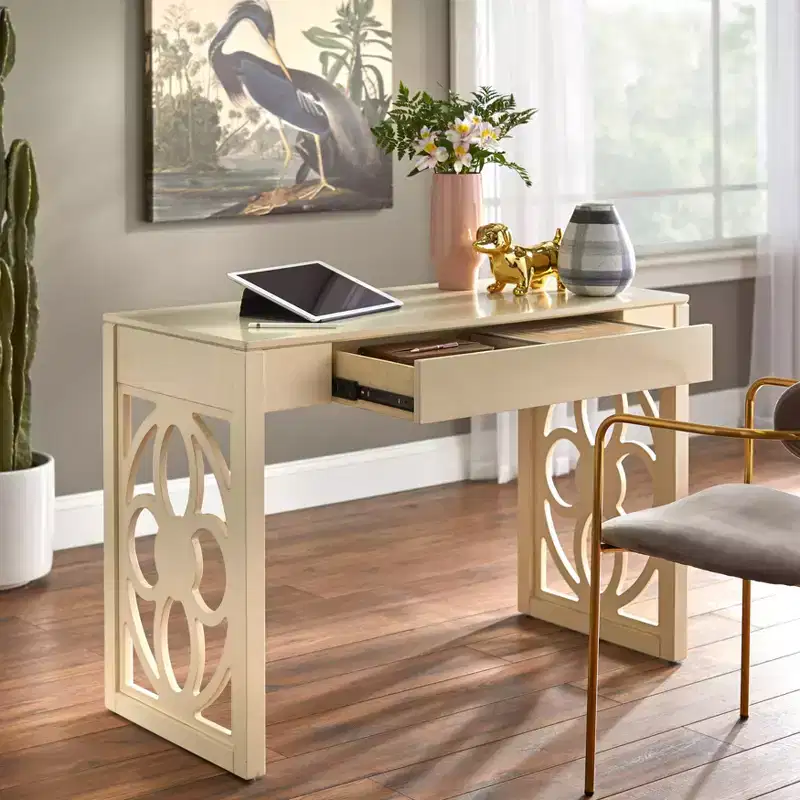 Lifestorey Allegory Floral Panel Legs Desk White: Solid Rubberwood, Floral Panel Legs, Mid-Century Modern, 44" Wide