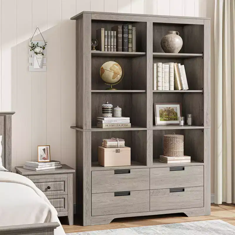 72 Tall Book Shelf with Storage, Farmhouse Floor Standing Bookcase,Book Shelf with 4 Drawers, Freestanding Display Storage Shelves