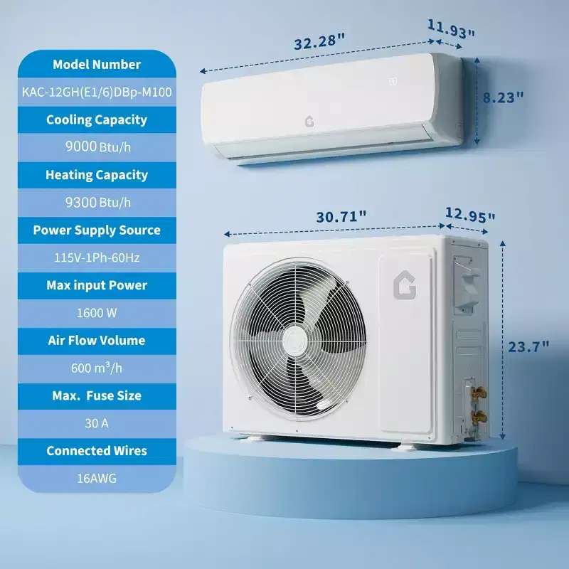 Garvee Quiet Split AC | 9000 BTU 3-in-1 Cooling/Heating/Dehumidifier | 115V Inverter Heat Pump | 10ft Pre-Charged Line Set,White