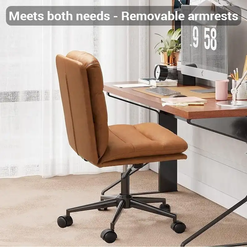 Brown Leather Mid-Century Office Chair with Arms, Adjustable, 1-Person, 400 lbs Capacity