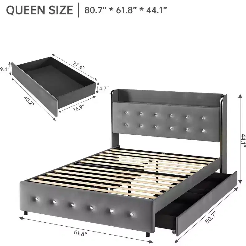 Bed Frame with Storage Headboard, 4 Drawers, and Charging Station, Velvet Upholstered Platform Design, No Box Spring Required, Sturdy Support.