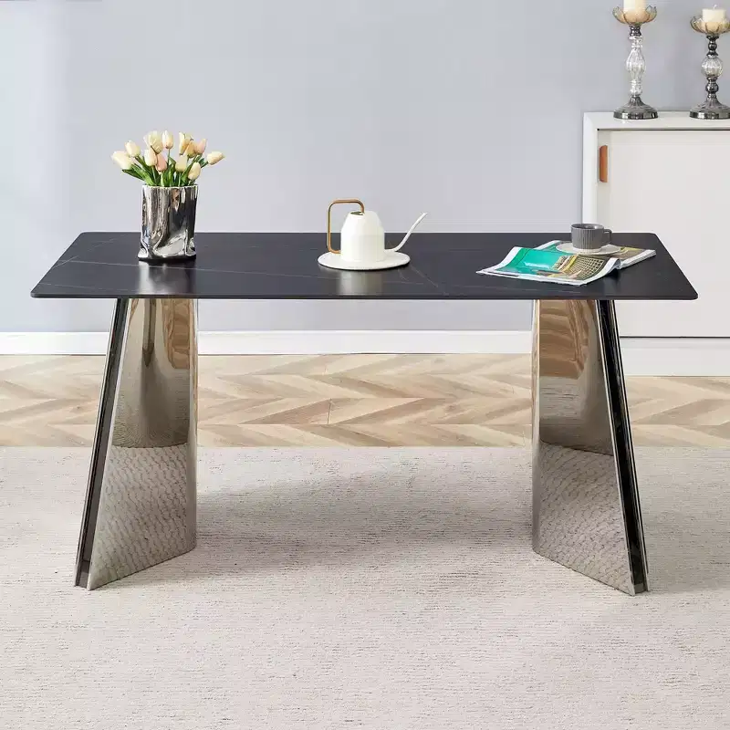 63 Modern Dining Table Kitchen Table, Counter Height Table with Imitation Marble and Curved Base for 6