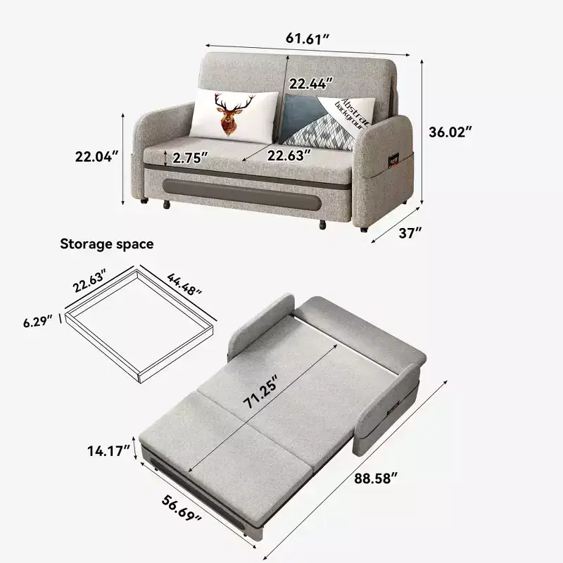 Gaoyangjiaju 37 inch to 88.58 inch Convertible Sofa Bed with Hidden Storage & Lockable Wheels