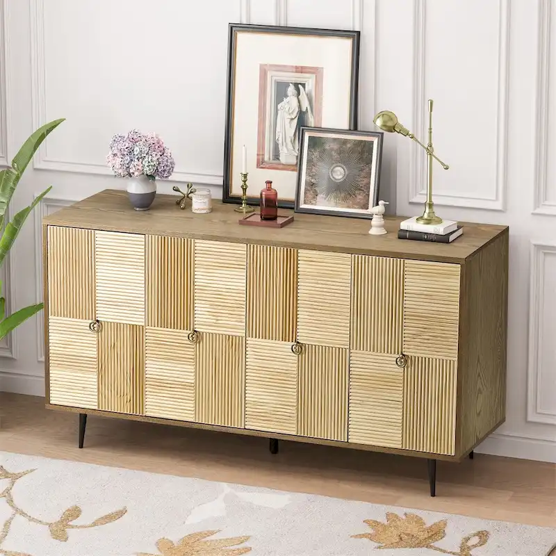 Elegant Vintage 4-Door Cabinet with Carved Effect Decoration Doors