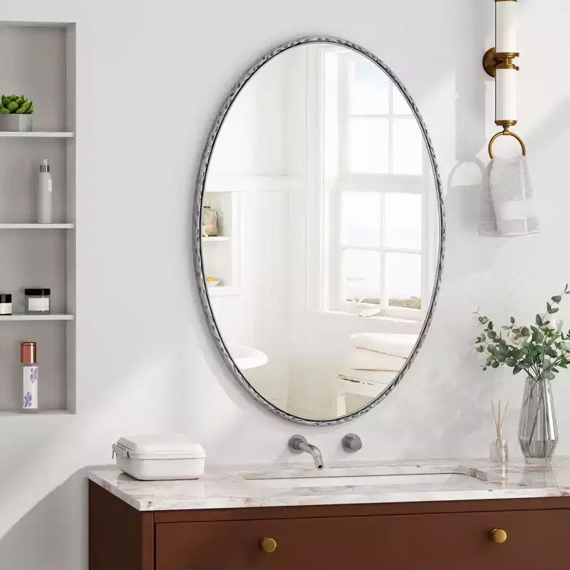 39IN Vintage Oval Bathroom Mirror with Metal Frame, Aged Effect Wall Mirror, Vanity Mirror for Bathroom, Living Room, Bedroom