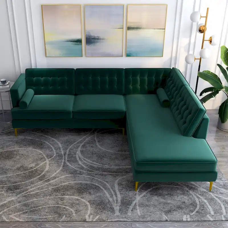 Mid-Century Velvet Tufted Corner Sectional Sofa with Chaise | Gold Metal Legs | Sleeper | Green
