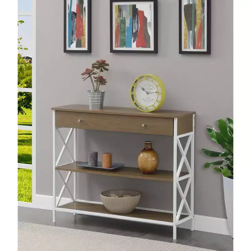 Breighton Home Tucson 1 Drawer Console Table with Shelves Driftwood/White: Metal Frame, MDF Top, Entryway Storage