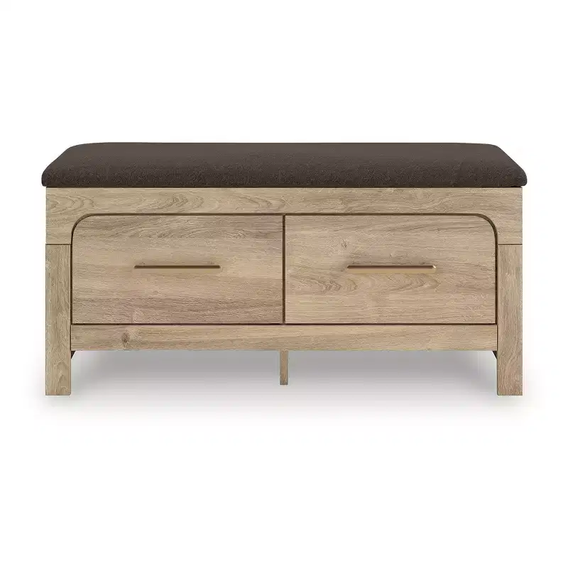 Signature Design by Ashley Prandefort Bedroom Storage Bench with Upholstered Seat, 2 Drawers, Tan Wood Finish and Brown Fabric Top