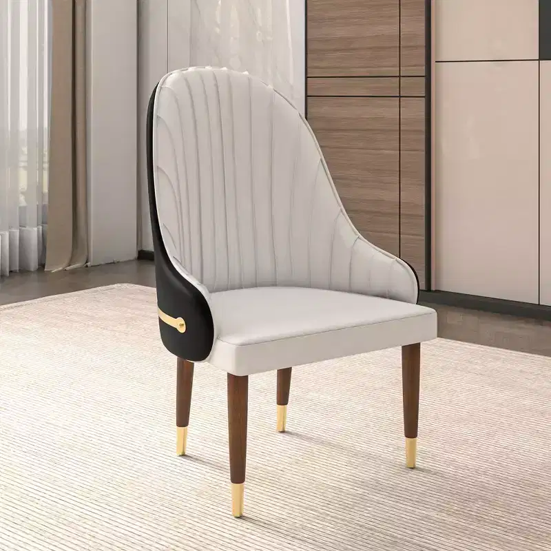 High-Back Dining Chair - Leather Upholstery with Ripple Back Design, Rubberwood Frame and Gold Accents