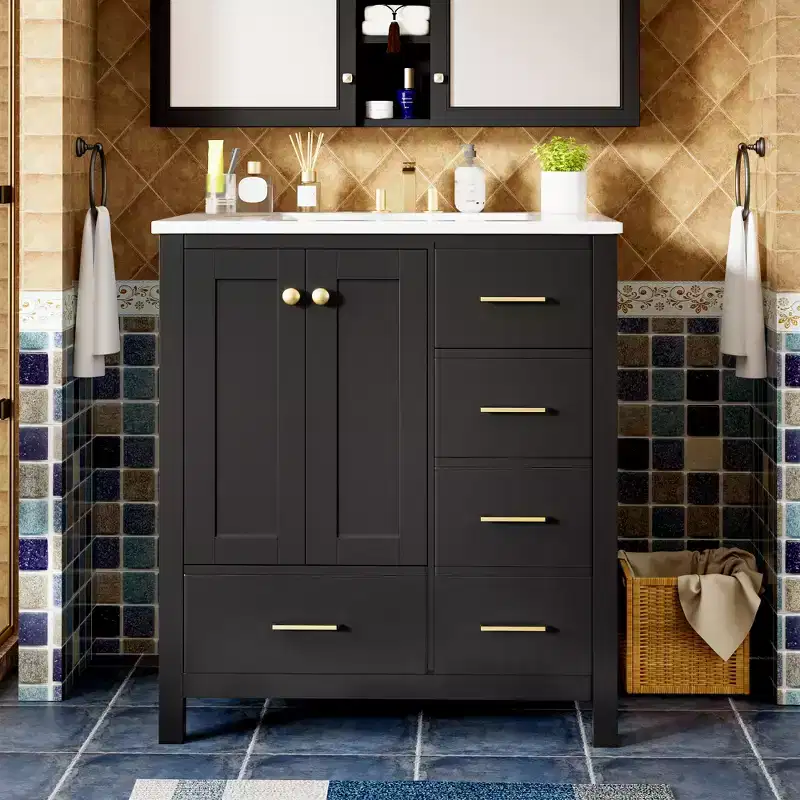 Wood & MDF Bathroom Vanity with Ceramic Sink & Soft-Close Doors 30''W x 33.8''H