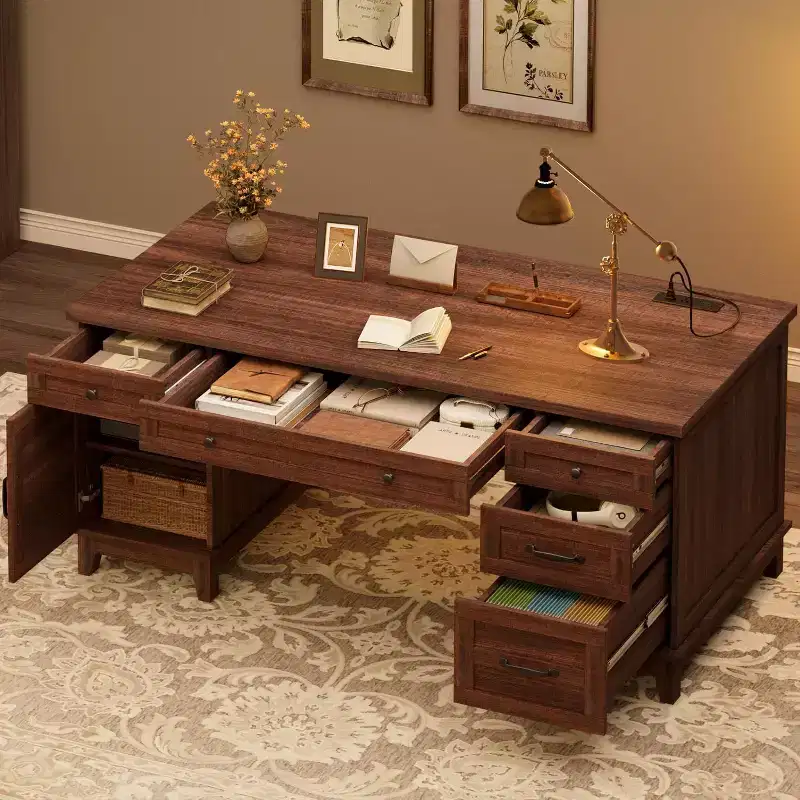 Acekool Executive Desk with Drawers and Charging Station, 53.54 Farmhouse Computer Desk with File Cabinet, Home Office Workstation, White Walnut
