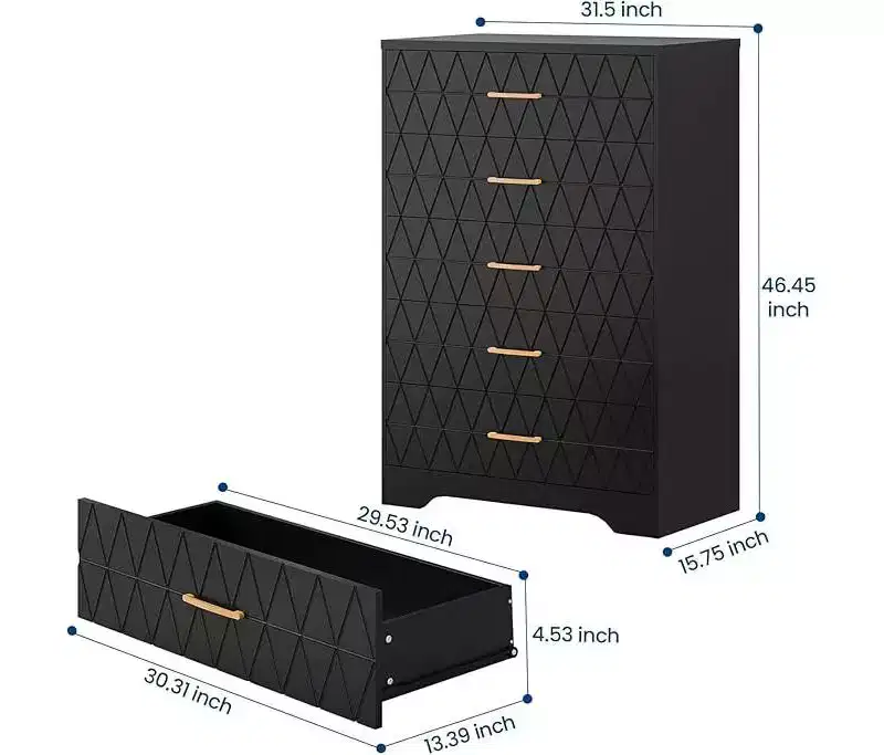 Tall Dresser for Bedroom with 5 Drawers, Wood Chest of Drawers with Gold Handles, Wooden Storage Cabinet and Organizer Drawers for Living Room
