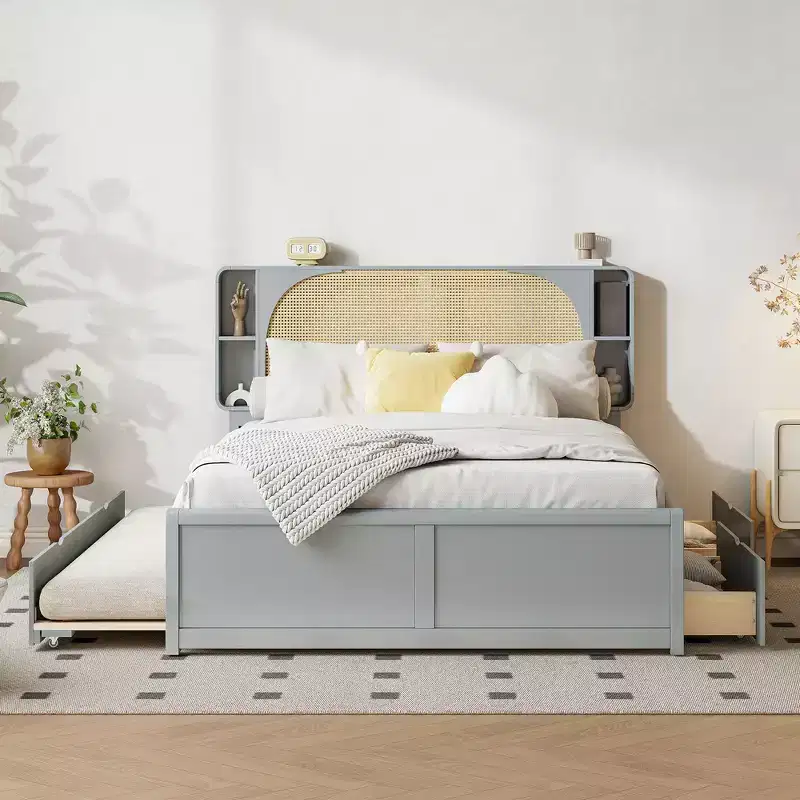 Queen Size Bed Frame with Trundle, Wood Platform Bed with Rattan Headboard & 2 Drawers, Wooden Slats Support, No Box Spring Required
