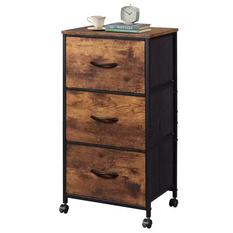 3-Drawer Fabric Dresser, Nightstand Cabinet with Wheels, Organizer Storage Unit for Bedroom, Office, Closets, Sturdy Steel Frame