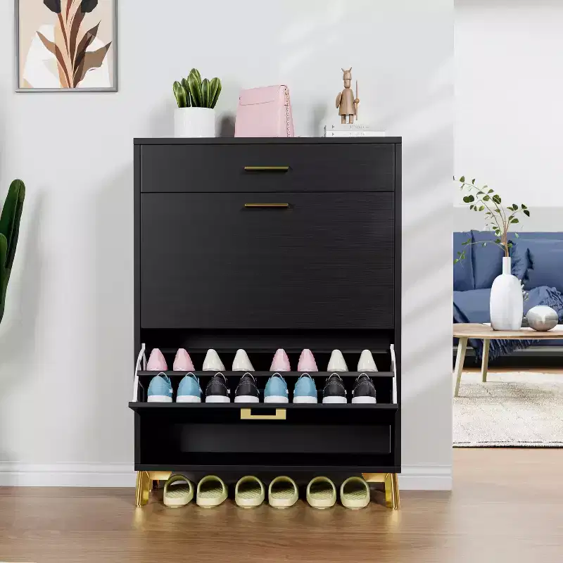 Freestanding Shoe Storage Cabinet with 2 Flip Drawers, 2-Tier Interior & Bottom Metal Rack, Holds 12 Pairs – 32