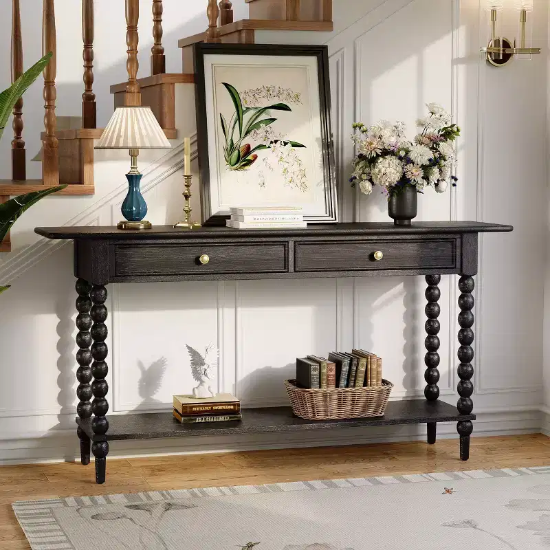 Retro Wood Console Table with 2 Drawers & Open Shelf