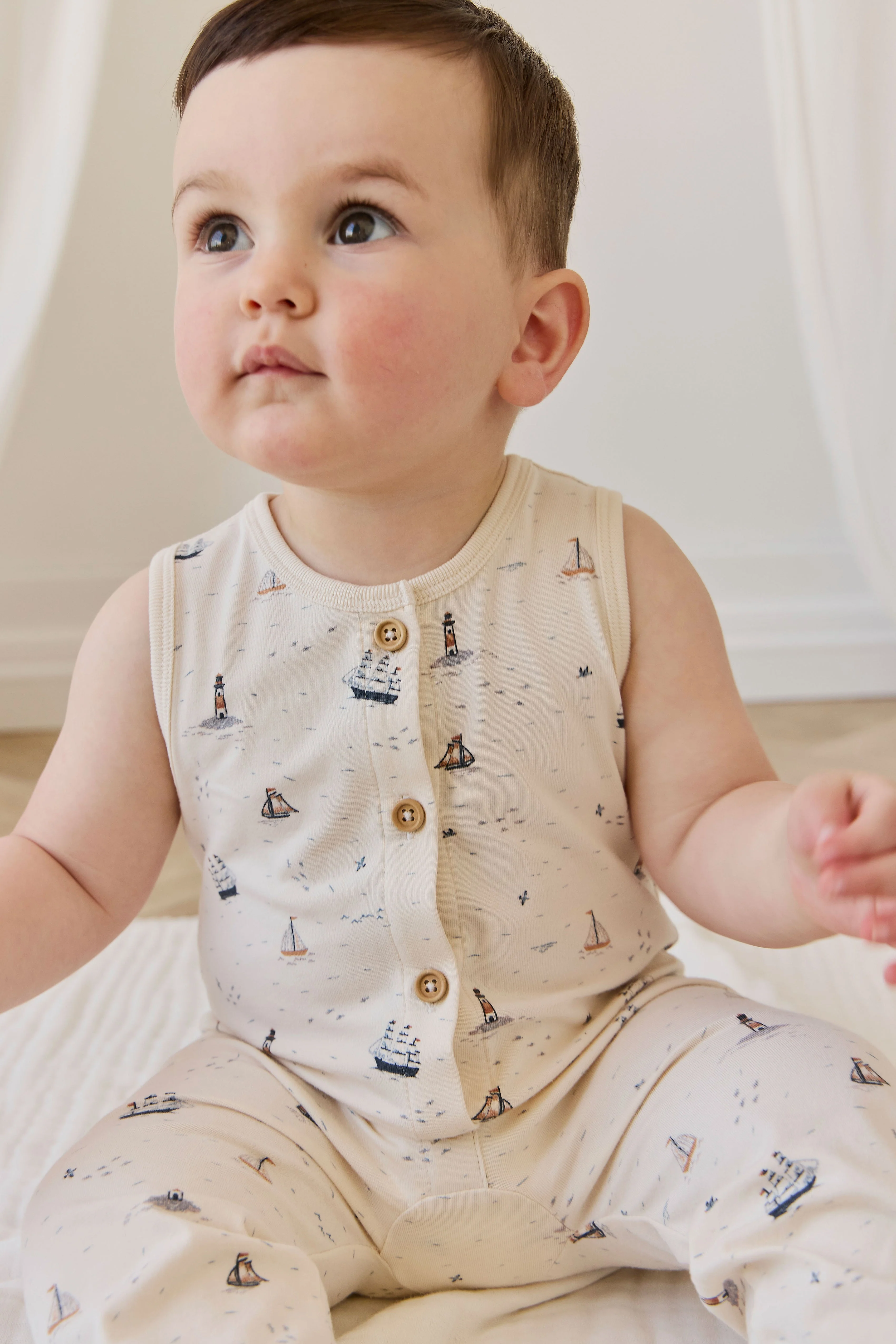 Playful Nautical Sailing Day Print Organic Cotton Sleeveless Onepiece with Button Front for Babies 0M–3Y