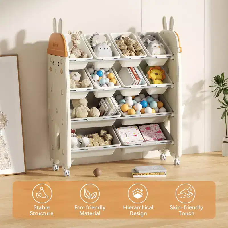 SUGIFT Kids Toy Organizer and Bookshelf, 2-in-1 Storage Shelf with 9 Bins & 4 Book Slots, BPA-Free Plastic for Nursery & Playroom