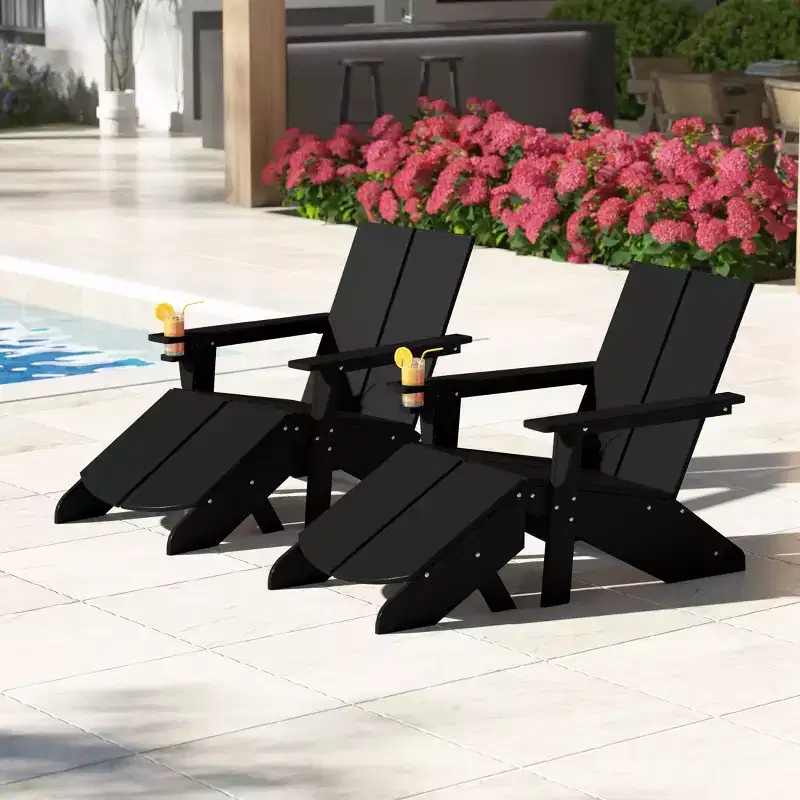 WestinTrends Riviera Outdoor 4-Piece HDPE Modern Adirondack Chairs Set with Folding Patio Ottomans and Cup Holder