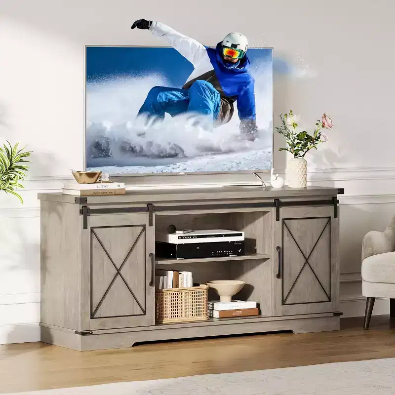 Farmhouse TV Stand for TVs Up to 65, Entertainment Center with Sliding Barn Doors & Storage Cabinets, Media Console Table for Living Room, Bedroom
