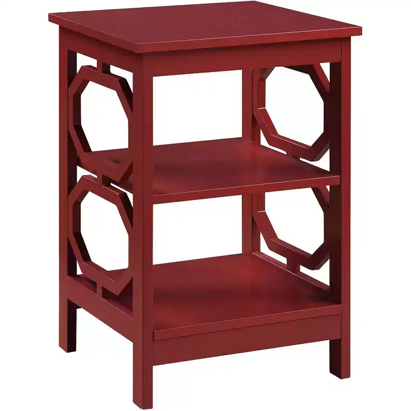 Belmont End Table with Geometric Octagon Panels, Three Tier Shelves, MDF Accent Table for Modern Homes