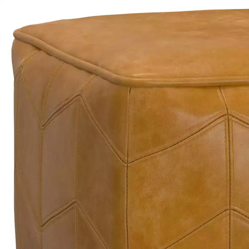 Square Pouf Brown: Chevron Genuine Leather, No Assembly, Padded Seating