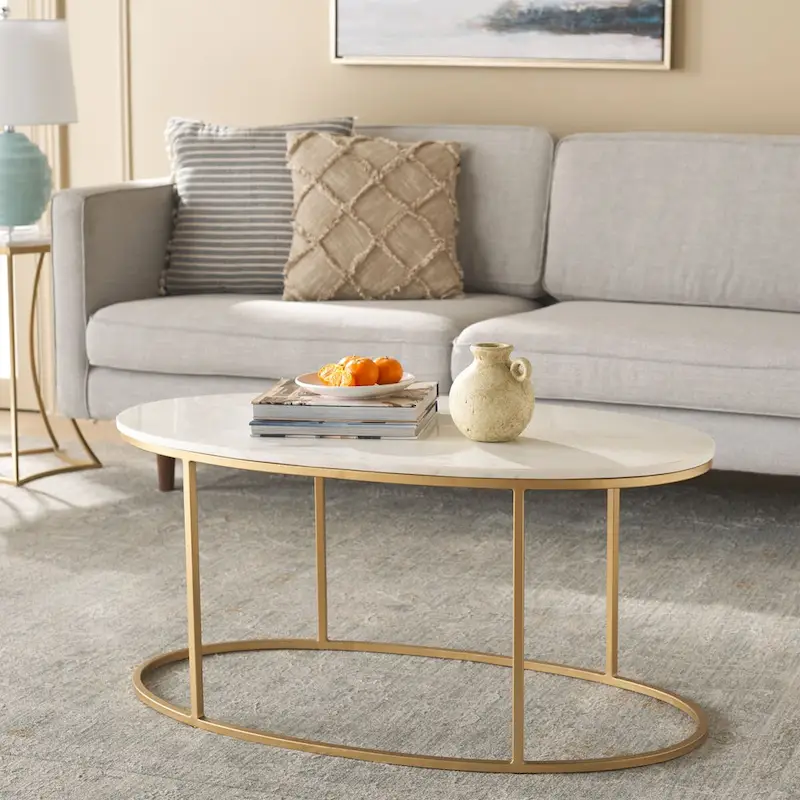 Art Deco Marble Coffee Table with Gold Open Circular Frame, Fully Assembled, 39